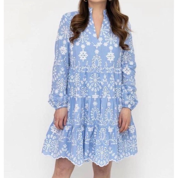 Sail to Sable Dresses & Skirts - Sail to Sable STS Blue Eyelet Cotton Floral Tiered Mini Dress Small Preppy Party